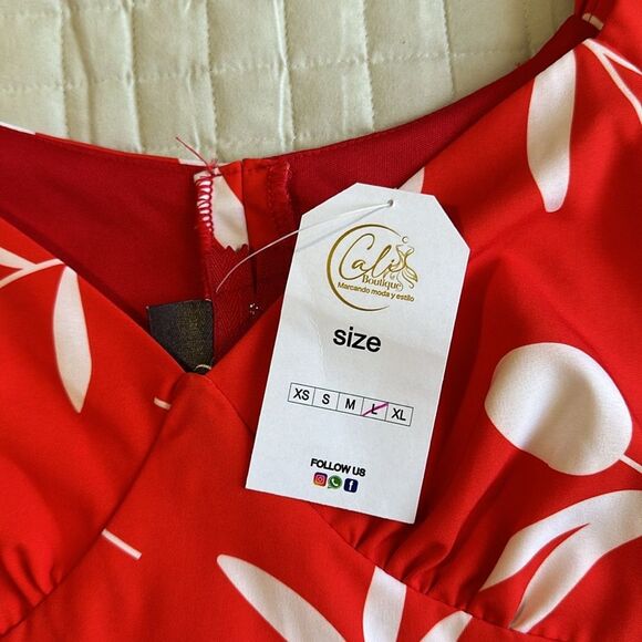 NEW - RED/WHITE LEAF PRINT CROP TOP RUFFLED SLEEVE SZ LARGE - Picture 3 of 11